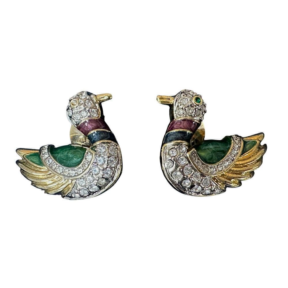 Vtg Earrings Mallard Duck Bird Jadeite Rhinestones Clip Back 1 3/8"